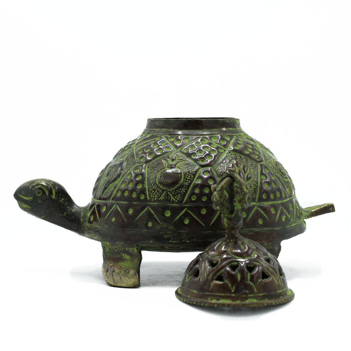 Brass verdigris turtle incense holder with its pierced domed lid removed and set in front
