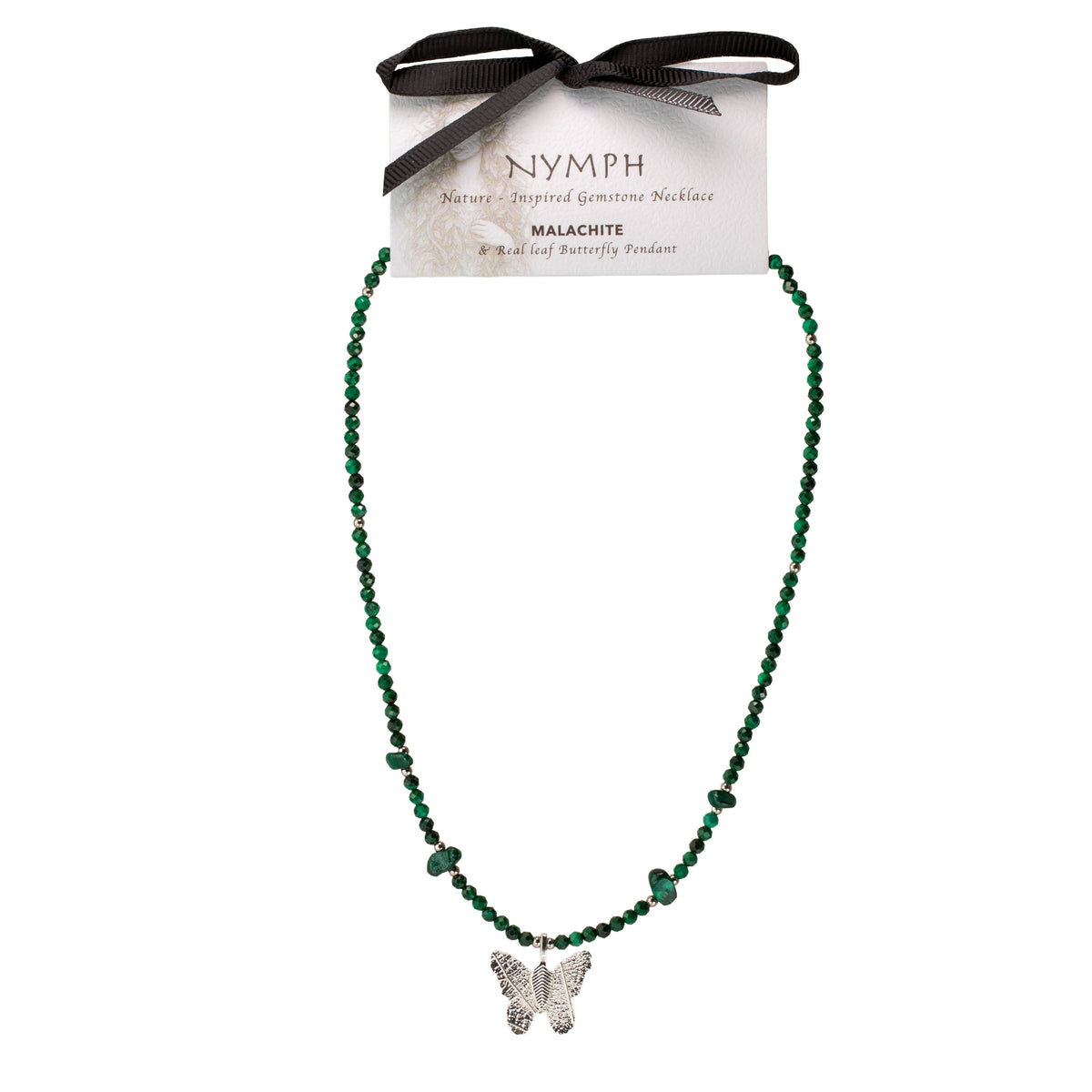 Full-length malachite butterfly necklace hanging beneath its Nymph product card on a pale background