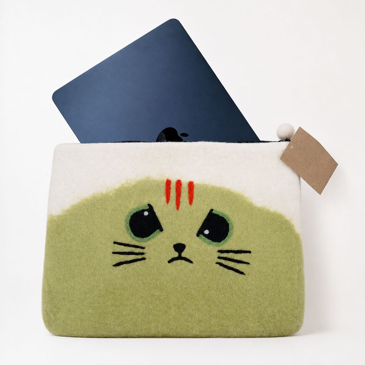 Unimpressed Cat pouch with laptop partly inserted and felt-ball pull