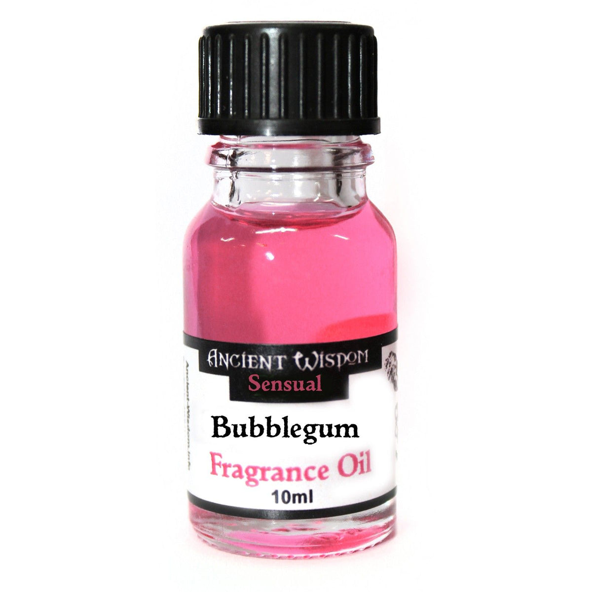 10ml Bubblegum Fragrance Oil in a clear glass bottle with pink liquid and a black cap, shown from the front