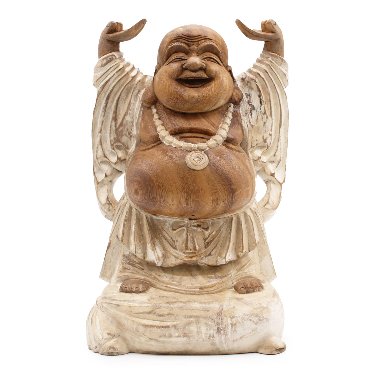 Whitewashed Happy Buddha statue shown full length from the front, standing with both hands raised