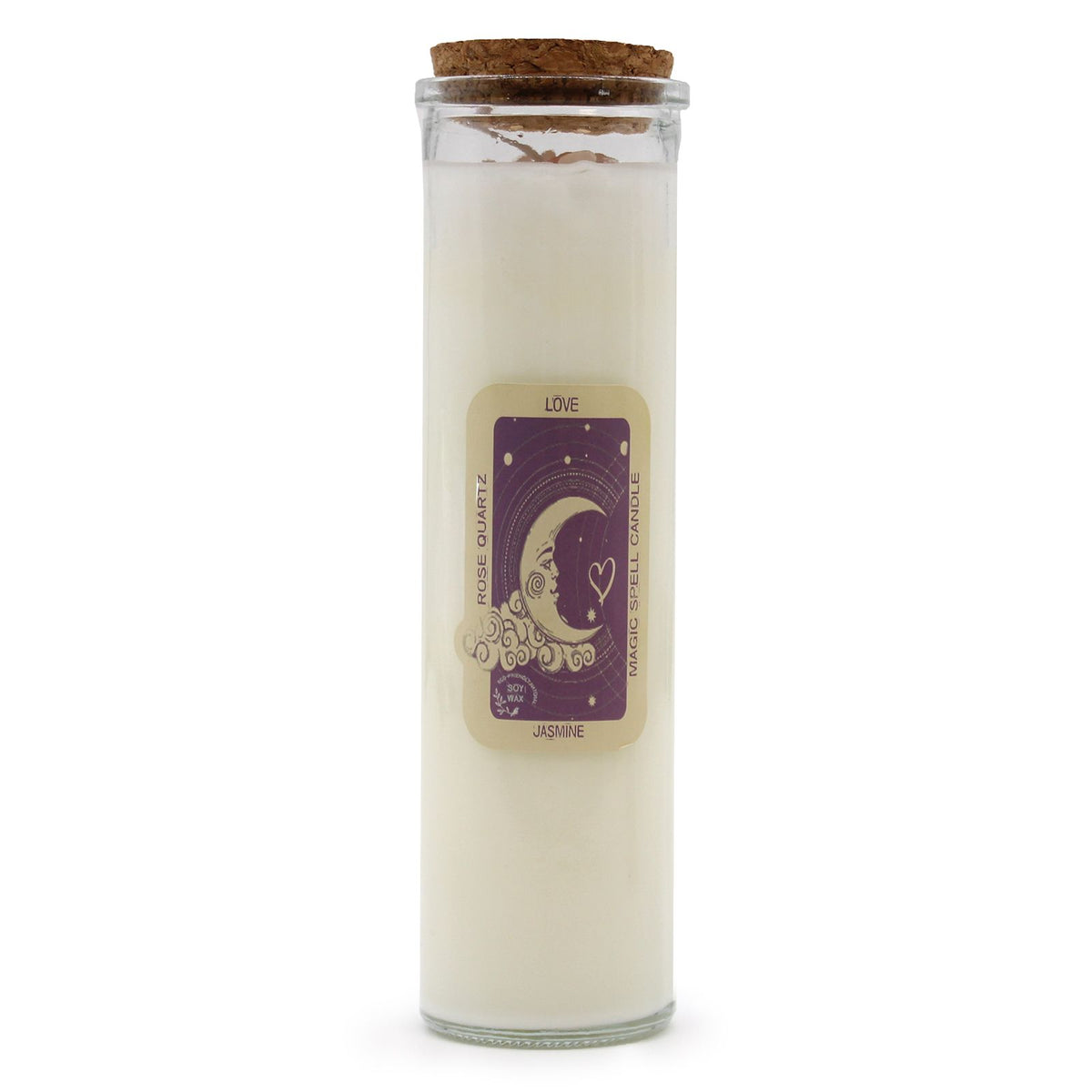 Magic Spell Candle jar labelled Love, Rose Quartz, Jasmine, cork lid on top
