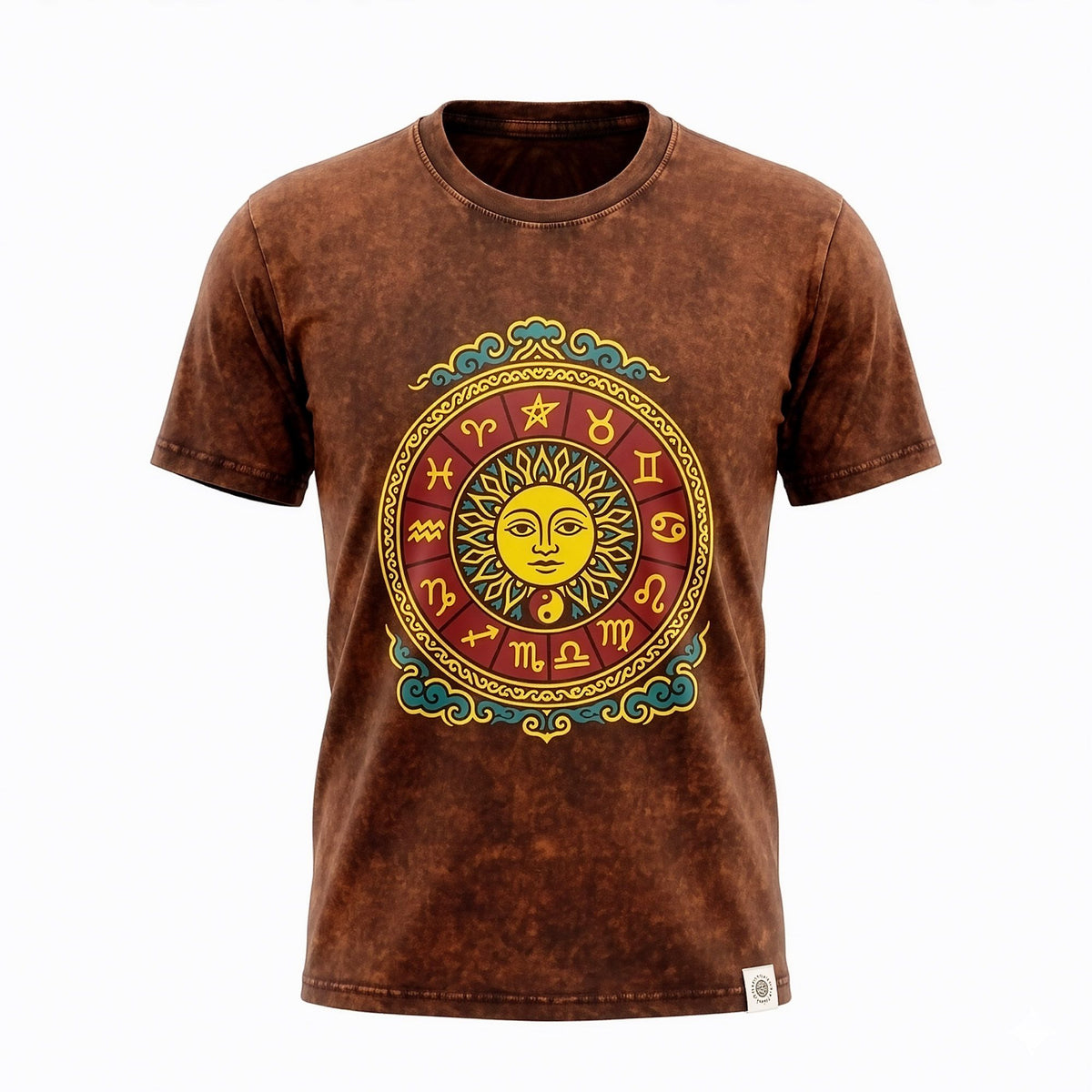Nomad Sari brown Sun & Zodiac T-shirt shown flat from the front against a white background