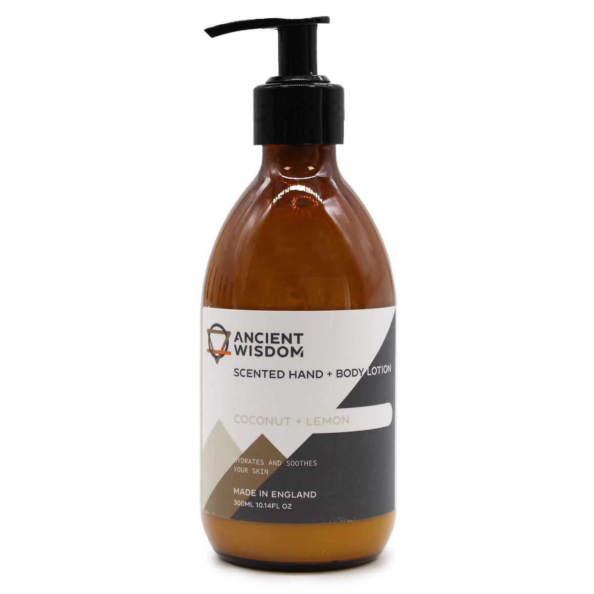 Close-up of the amber pump bottle and Coconut & lemon label against a white background