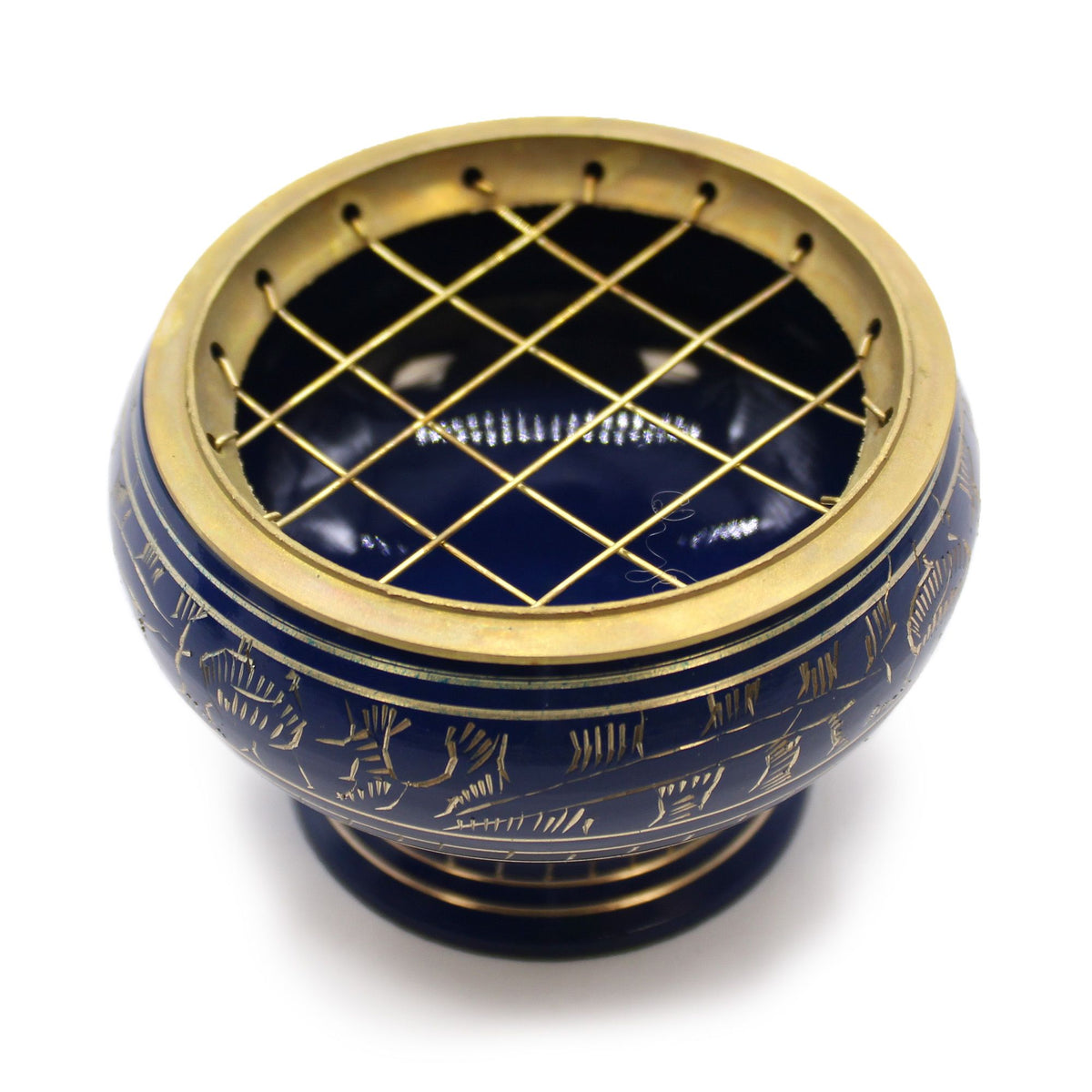Throat chakra charcoal incense jar viewed from above, with a gold-toned lattice over its dark blue bowl
