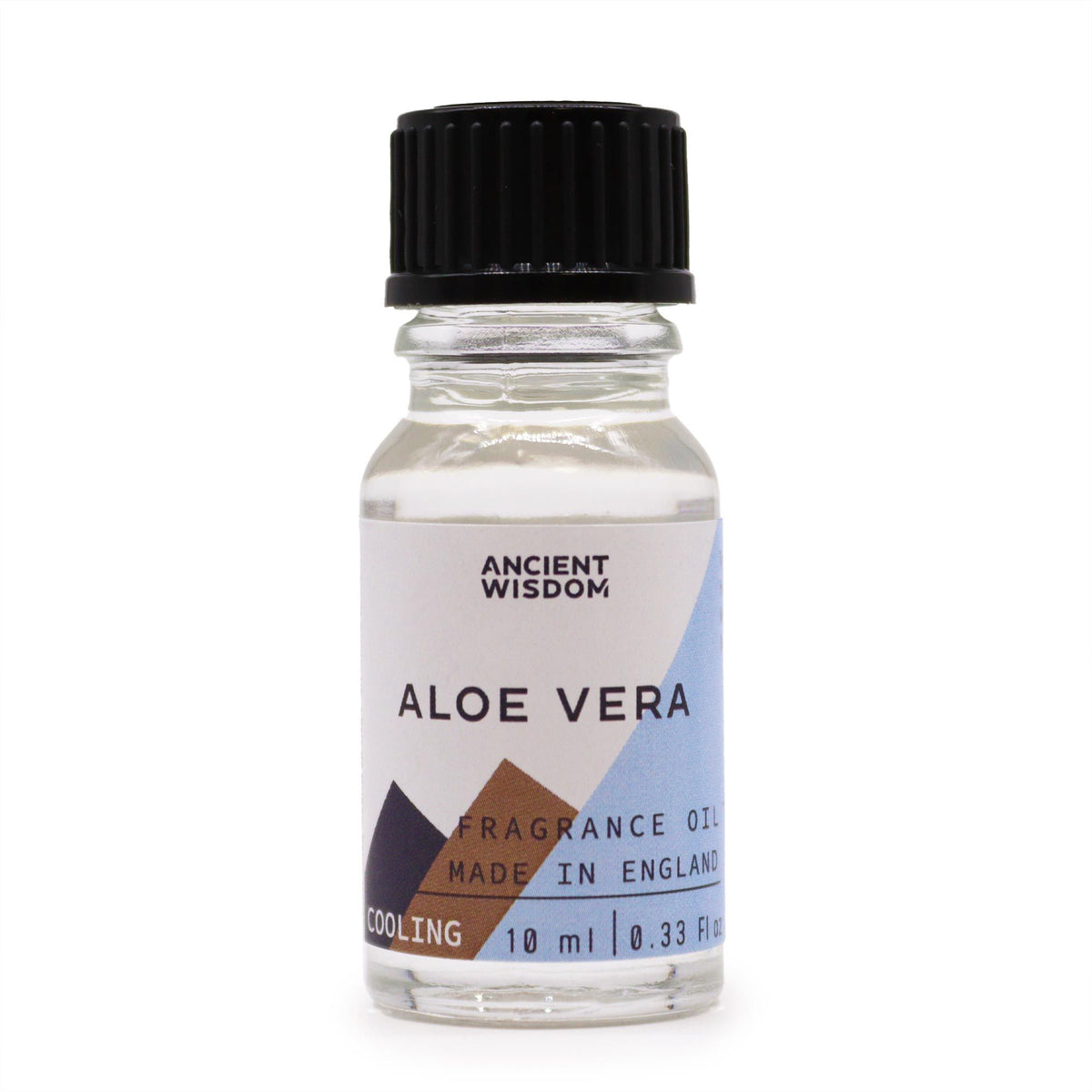 Aloe Vera Fragrance Oil 10ml bottle with black cap and pale geometric front label on a white background