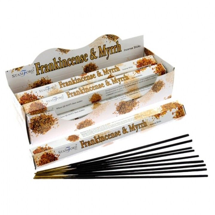 Frankincense & Myrrh Premium Incense sticks beside an open Stamford box, shown from above