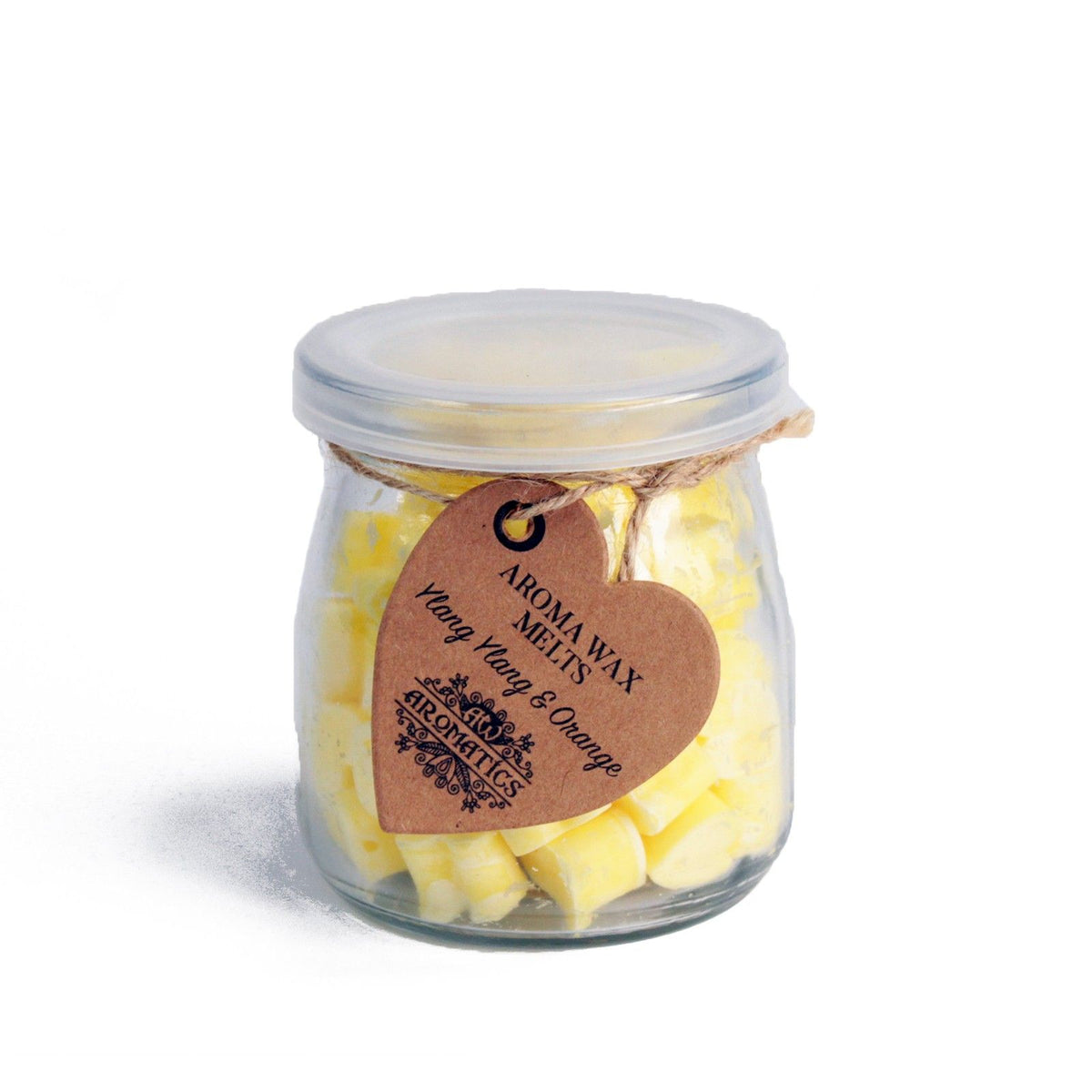Ylang Ylang & Orange wax melts in a clear lidded jar with a brown heart-shaped tag