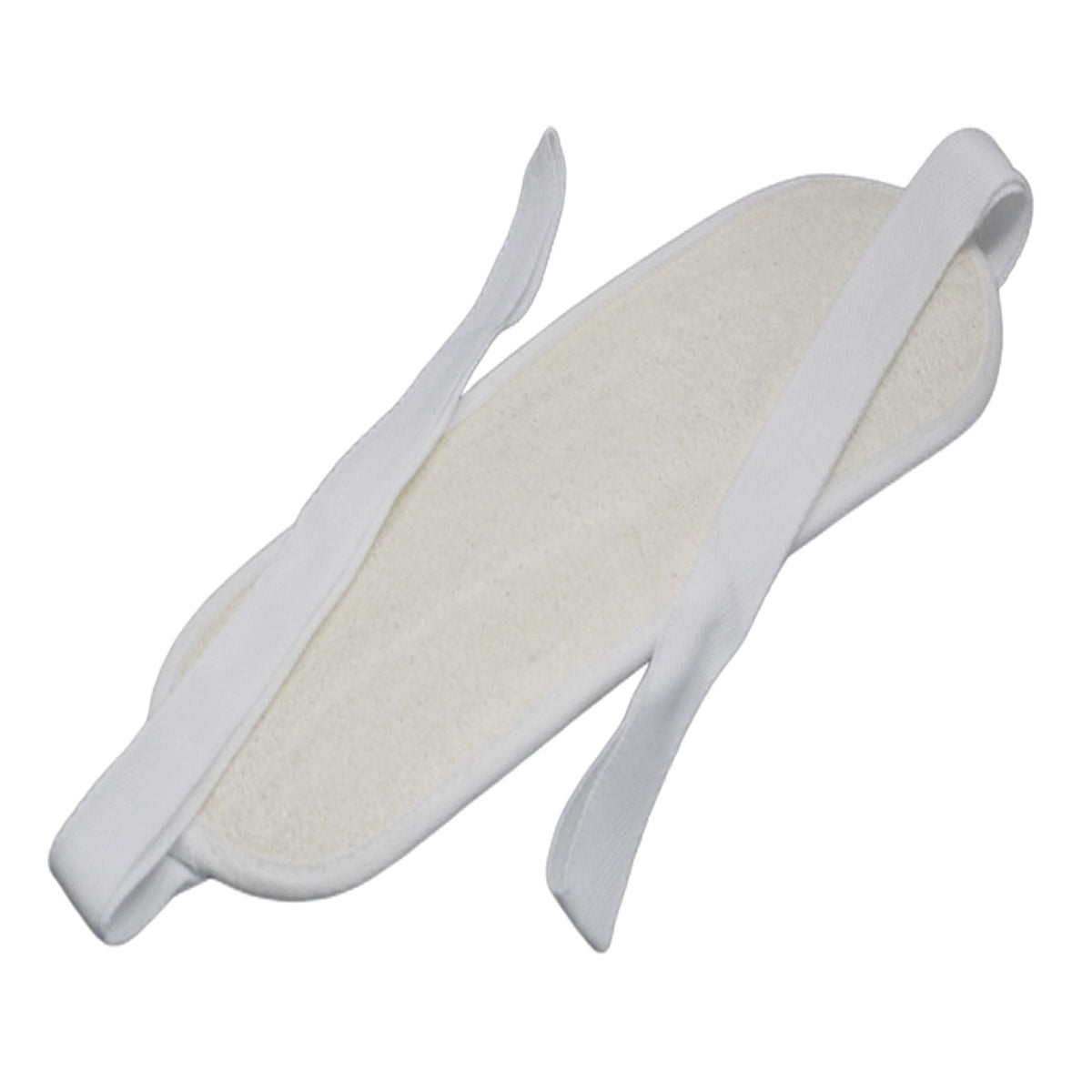 Back scrub shown alone on a white background, with its pale loofah pad and long white straps