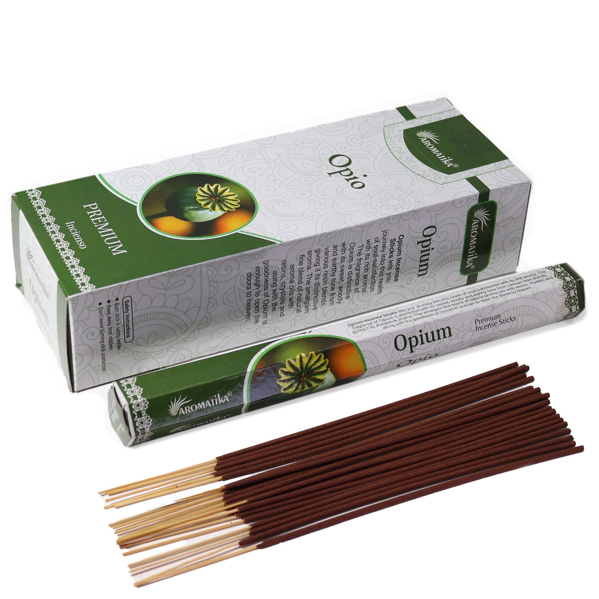Aromatika Charcoal Free Hex Incense, Opium, green and white box with loose brown incense sticks