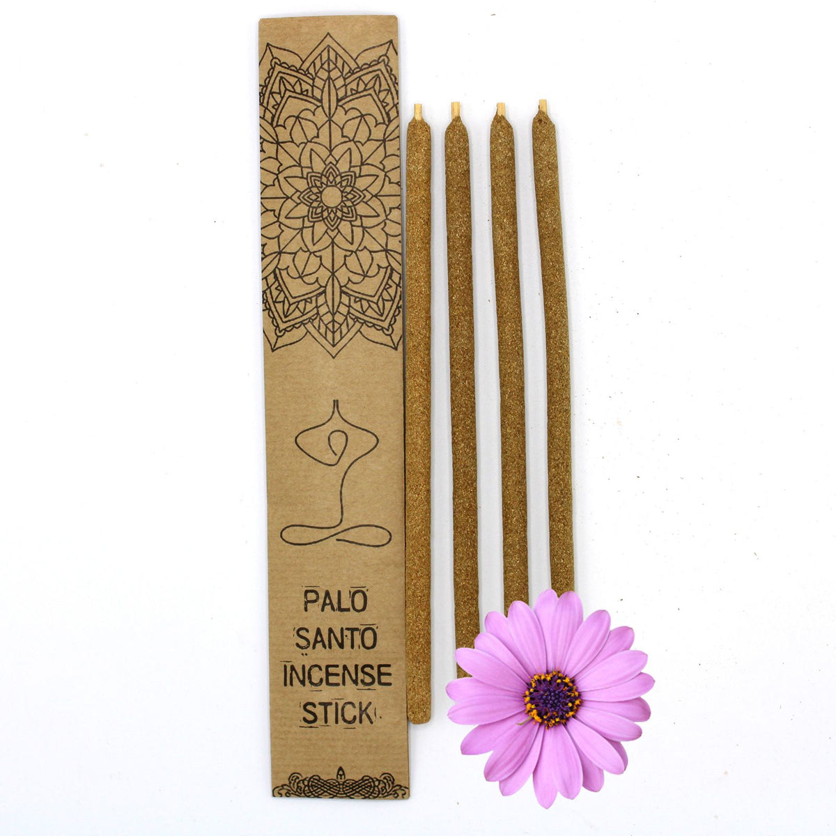 Palo Santo Large Incense Sticks, Violet, brown sticks beside a patterned kraft packet and purple flower