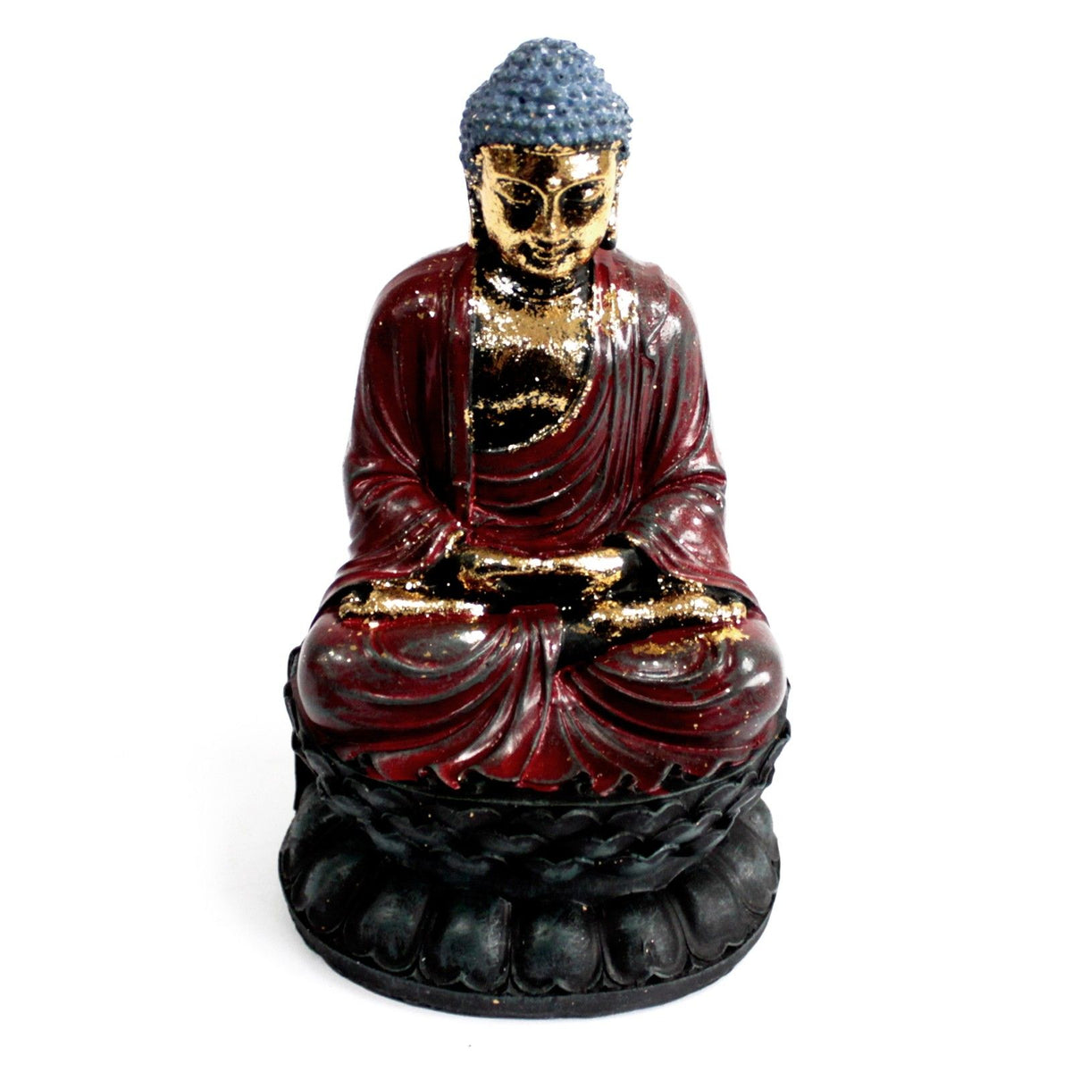 Classic Statue: a seated resin Buddha figure in a dark red robe, hands resting in its lap