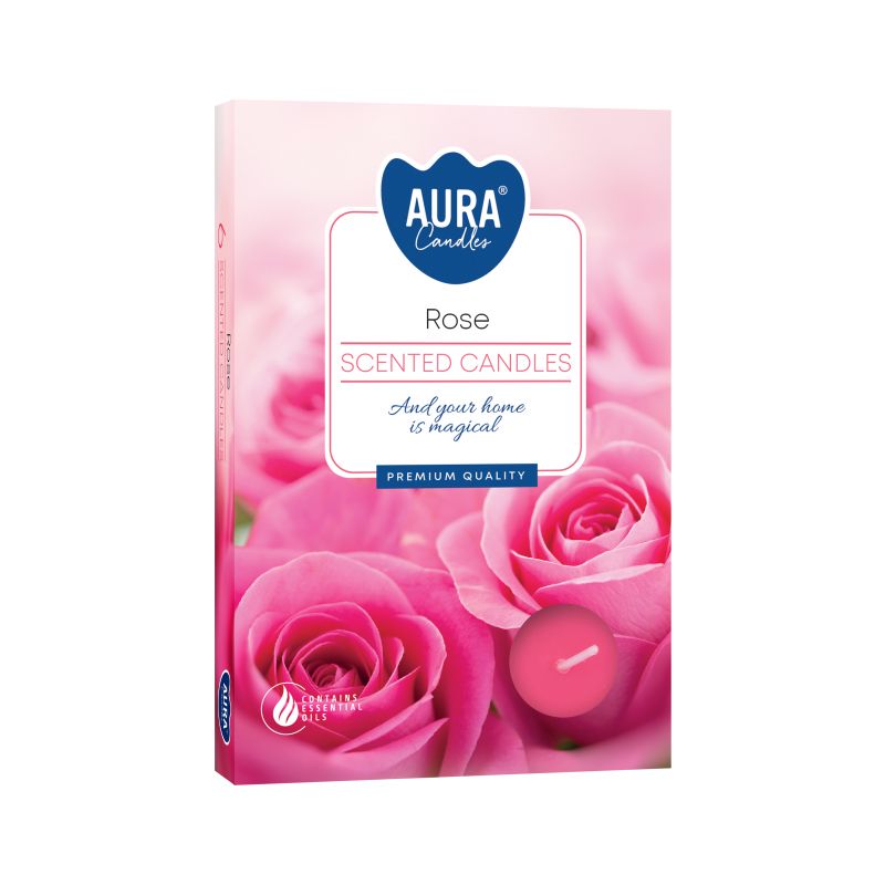 Set of 6 Scented Tealights, Rose in a pink box with rose pictures and one tealight shown