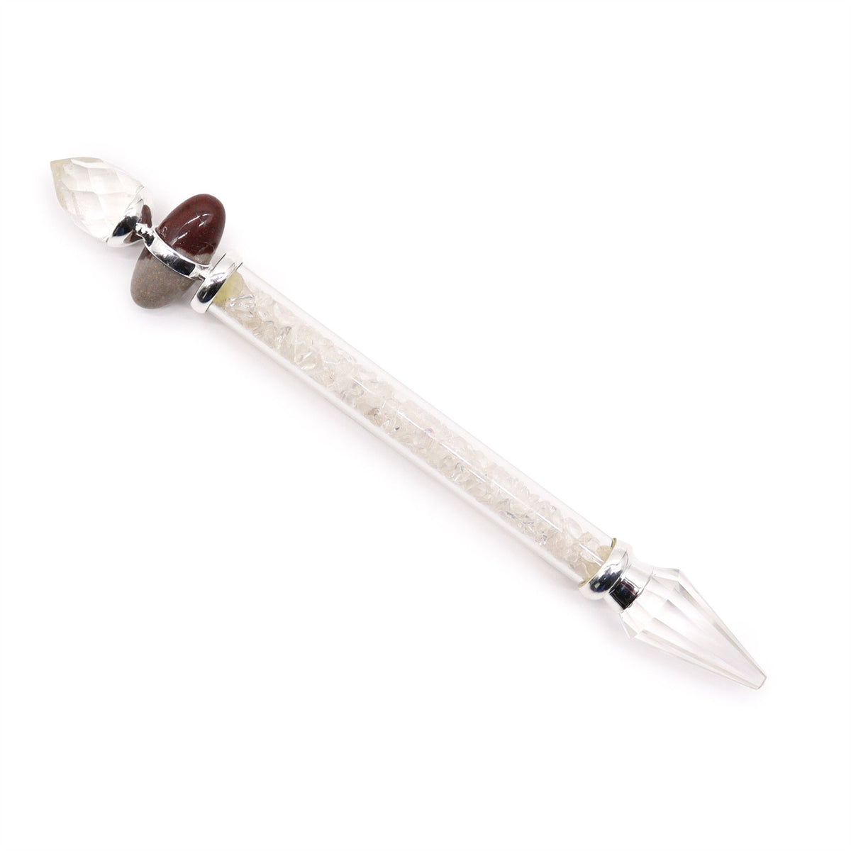 Shiva Lingam Magic Wand, Rock Quartz, Wisdom, clear pointed wand with a dark red stone and silver fittings