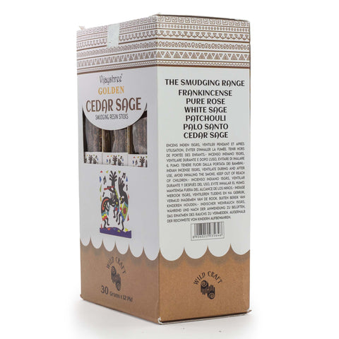 Golden Cedar Sage Smudging Resin Sticks in a patterned cardboard box, showing the side and back panels