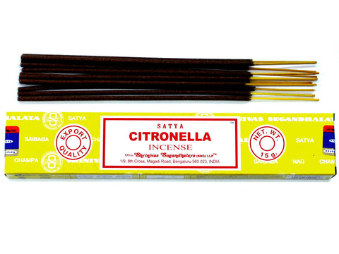 Satya Incense 15gm, Citronella sticks laid across the yellow packet, shown from the front