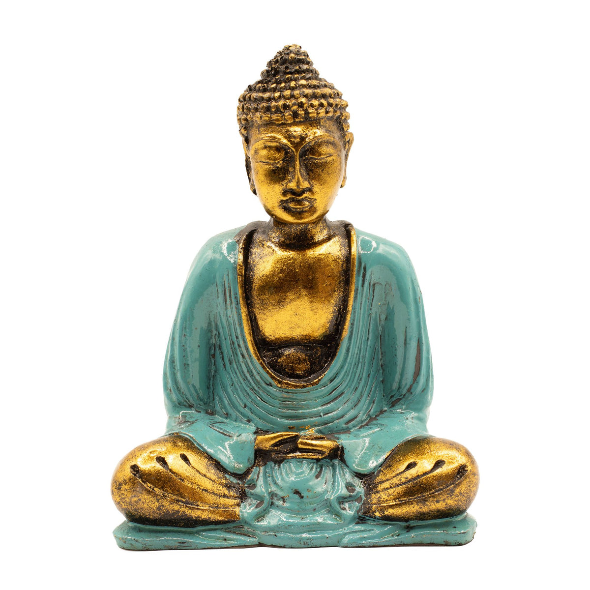 Teal & Gold Buddha, Medium seated with crossed legs, shown from the front against a white background