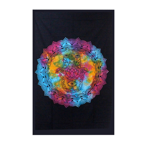 Single Cotton Bedspread + Wall Hanging, Black Hamsa, full black cloth with a colourful circular hand design