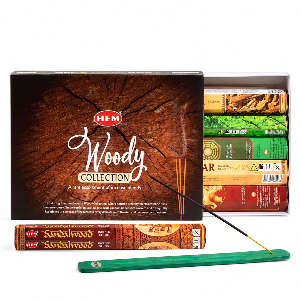 HEM Woody Collection box opened to show incense packs and holder