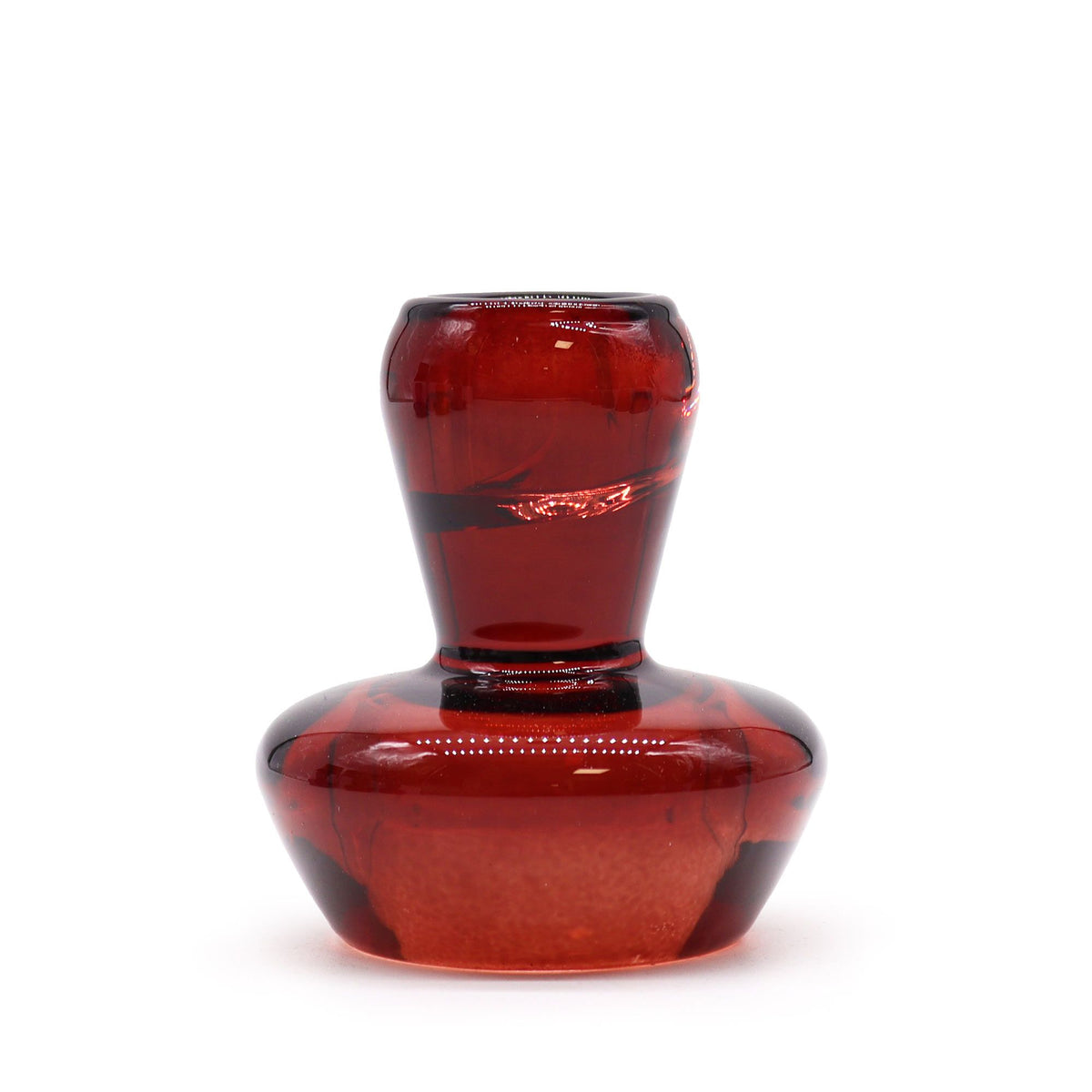 Close-up of the empty vampire red glass mushroom holder flipped for a dinner candle, showing its base and socket