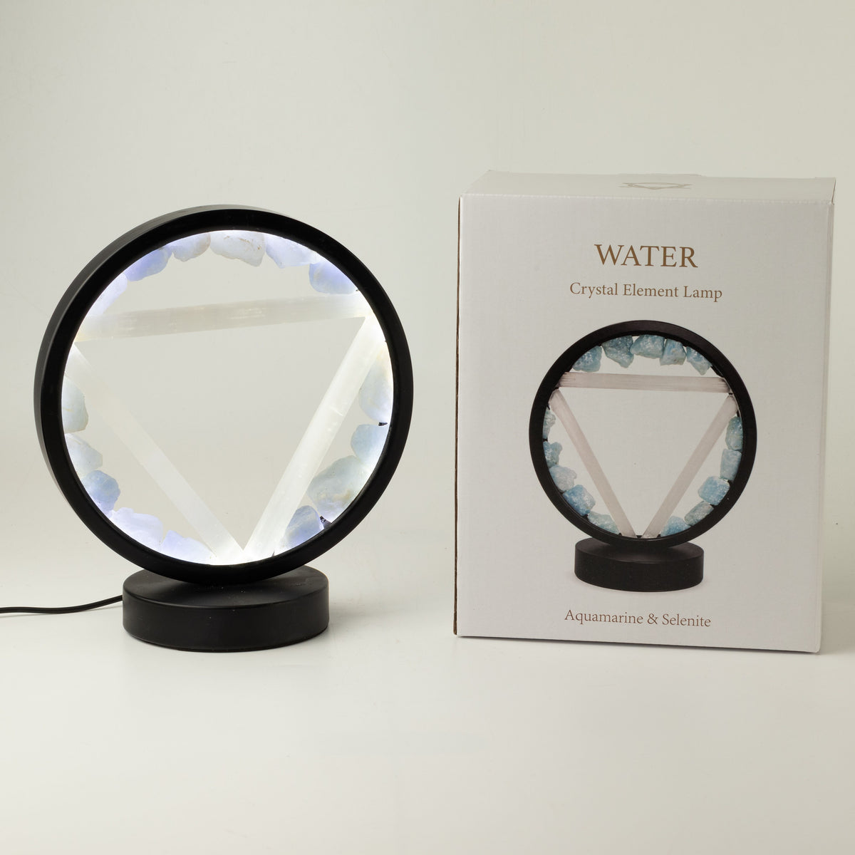 Lamp beside its Water Crystal Element Lamp packaging