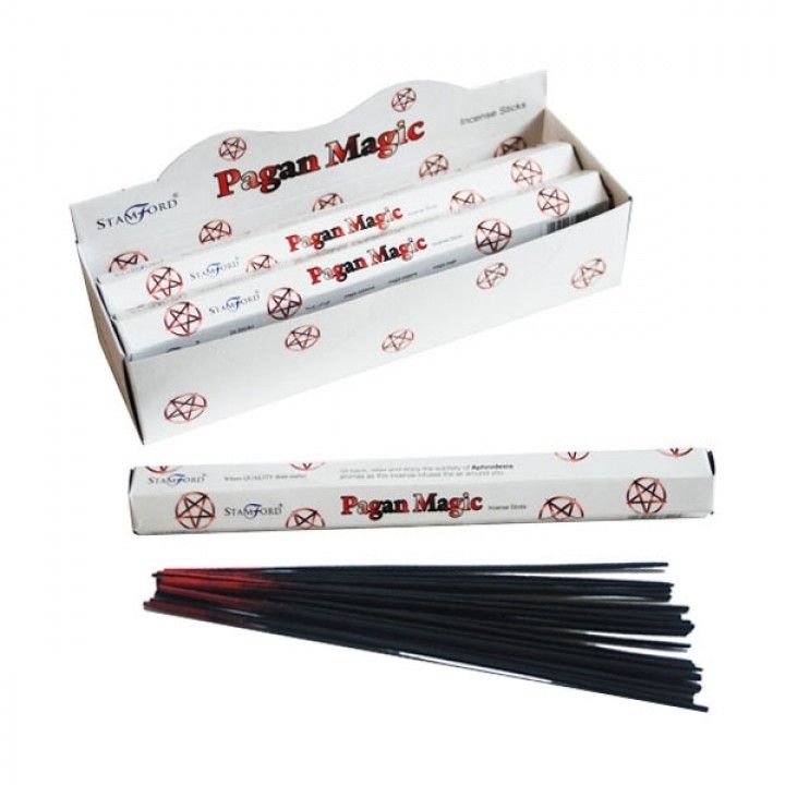 Pagan Magic Premium Incense in an open white display box, with a labelled pack and dark incense sticks