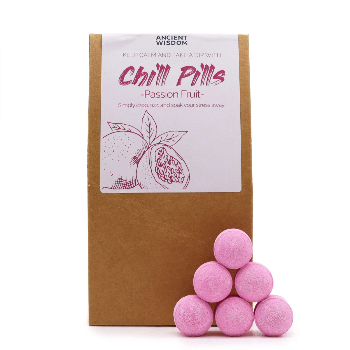 Chill Pills Gift Pack 350g, Passion Fruit, brown box with a white label and pink pills in front