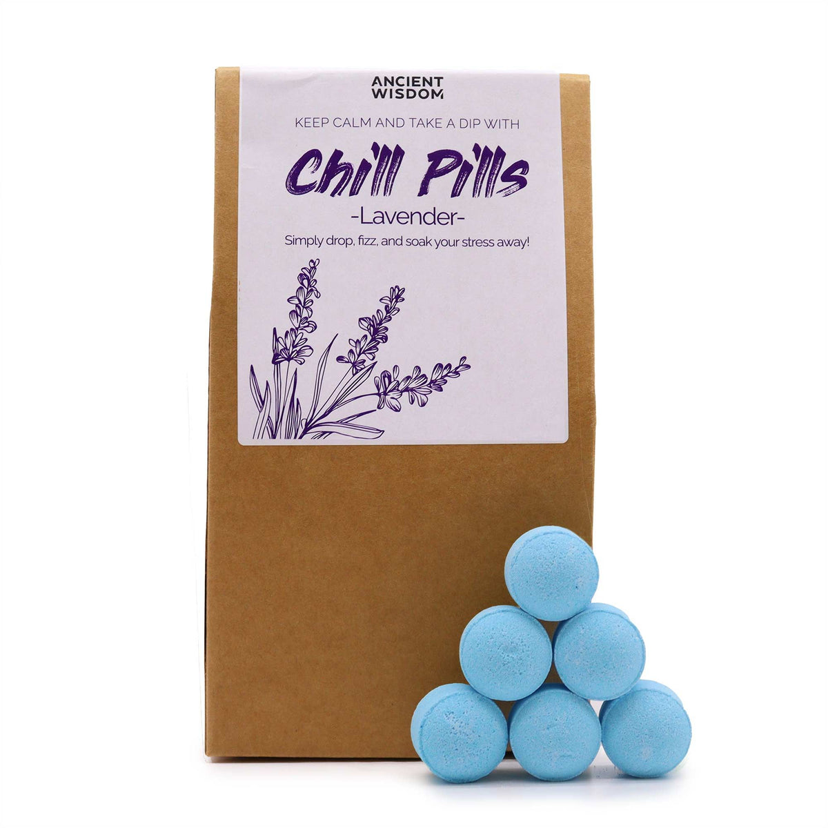 Chill Pills Gift Pack 350g, Lavender, brown box with a lavender label and blue pills at the front