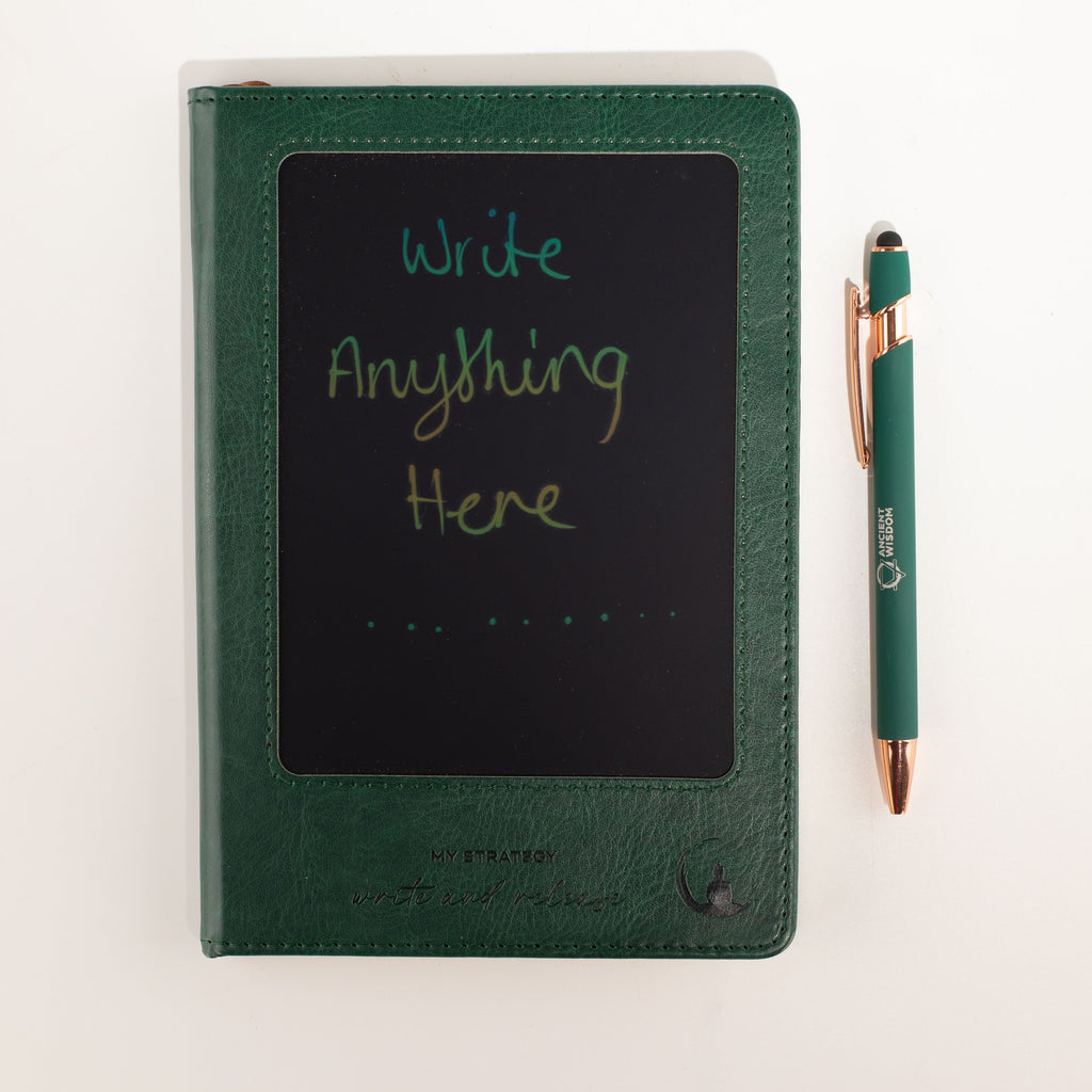 Green notebook with writing displayed on its front screen