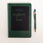 Green notebook with writing displayed on its front screen