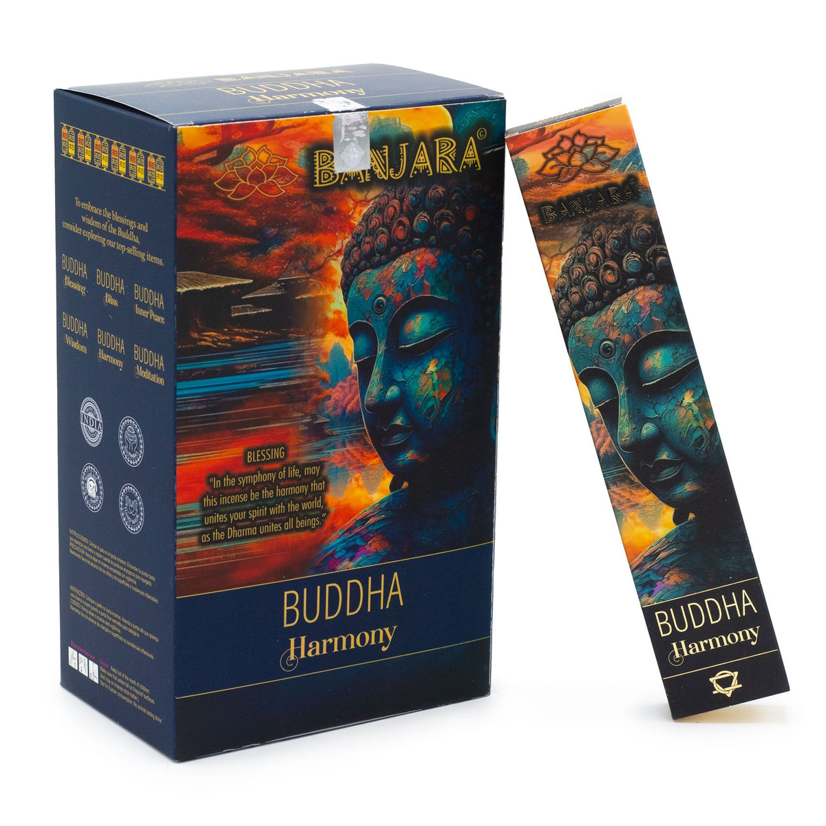 Banjara Buddha, Harmony incense in a dark illustrated box beside a matching upright sleeve