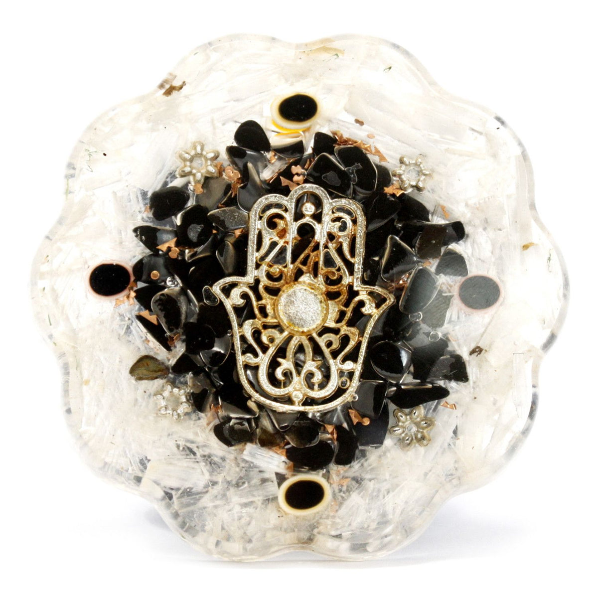 Hamsa with Selenite orgonite piece from the front, showing the scalloped white base