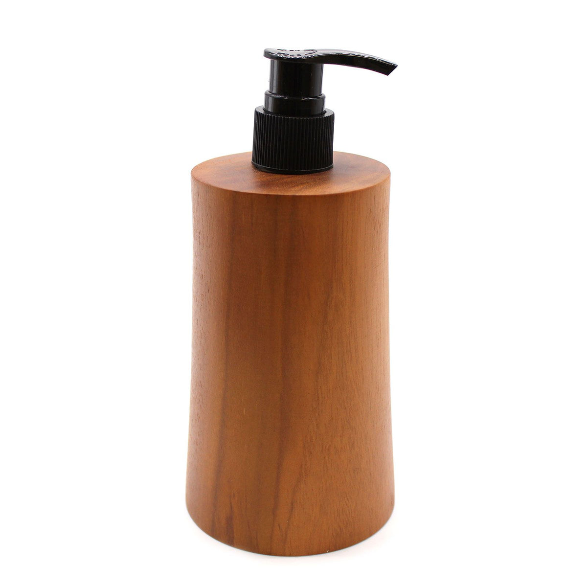 Front view of the warm brown tapered dispenser with black pump against a plain white background