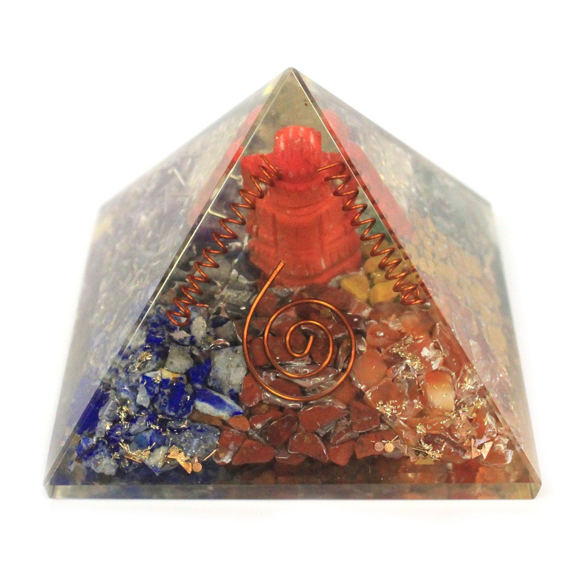 Lrg Orgonite Pyramid 70mm, Ganesh with a red figure, copper spiral and coloured chips, shown upright from the front