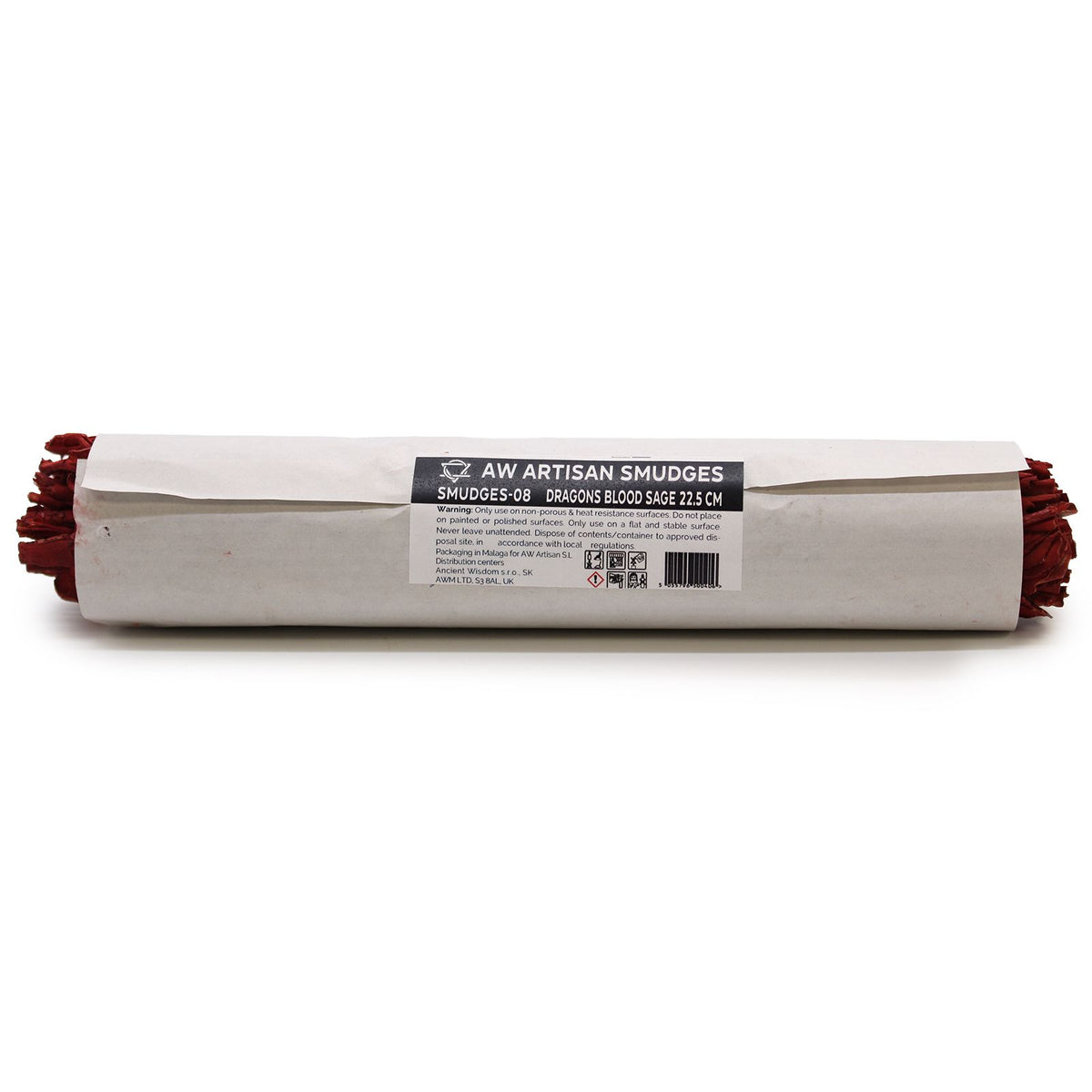 Smudge Stick, Dragons Blood Sage 22.5 cm in a white paper wrap, with the label facing front and red ends showing