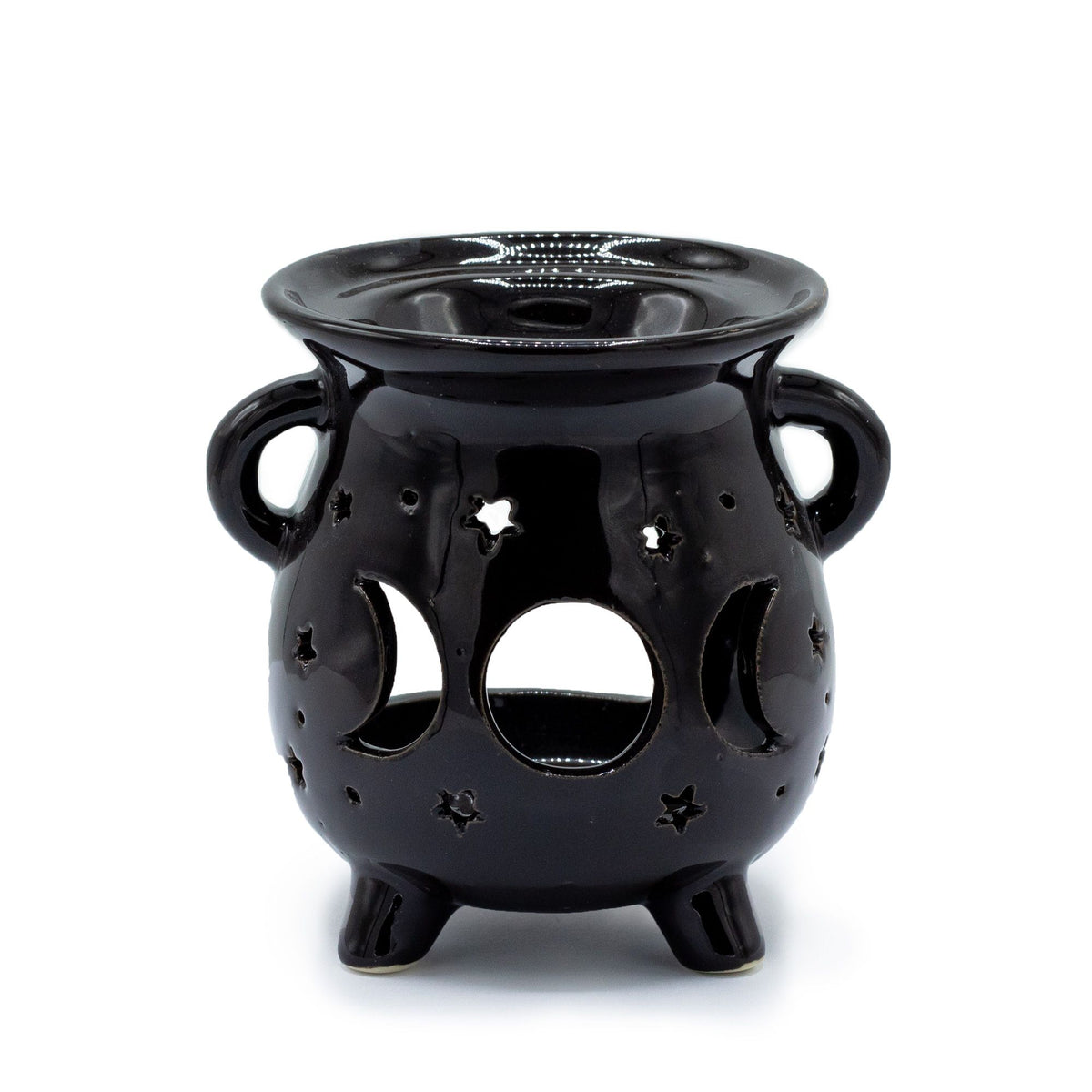 Cauldron Oil Burner, Moon Phase, Black, front view with moon and star cut-outs, handles and feet