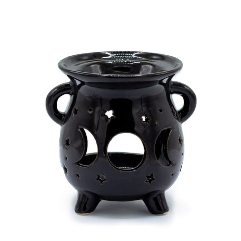 Cauldron Oil Burner, Moon Phase, Black, front view with moon and star cut-outs, handles and feet