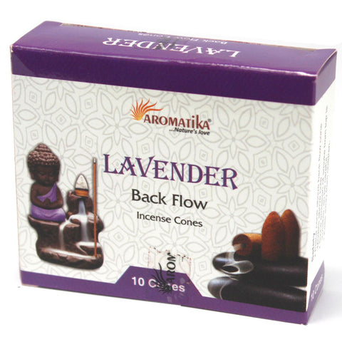 Aromatica Backflow Incense Cones, Lavender in a purple and white box, shown from the front at an angle