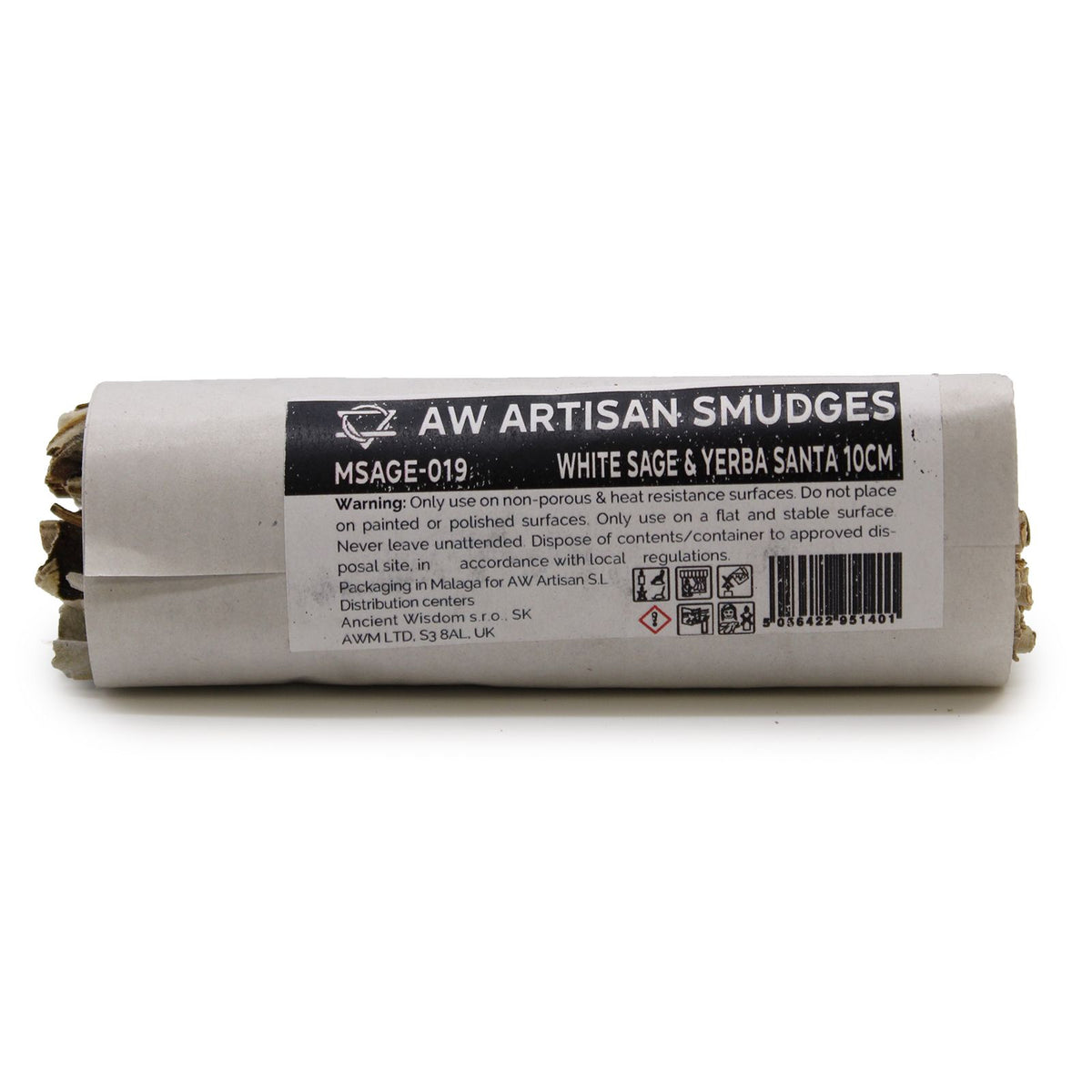 Smudge Stick, White Sage & Yerba Santa 10cm in white paper wrapping with a printed label, shown from the side