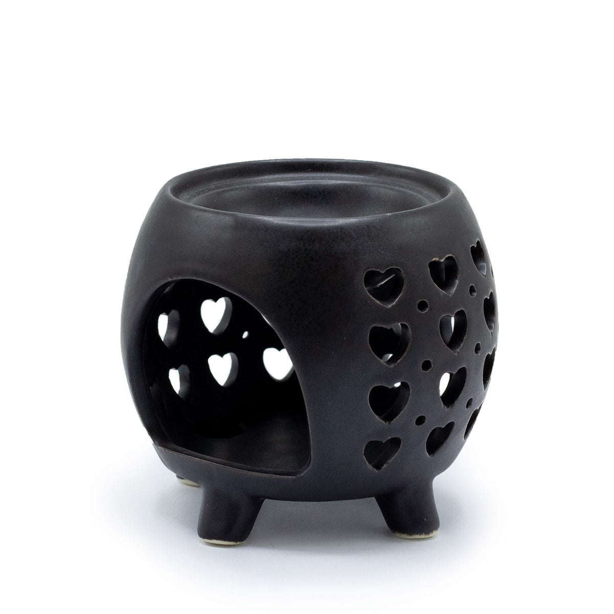 Squat Pot Oil Burner Multi Hearts, Matt Black, angled view showing the bowl, heart cut-outs and front opening