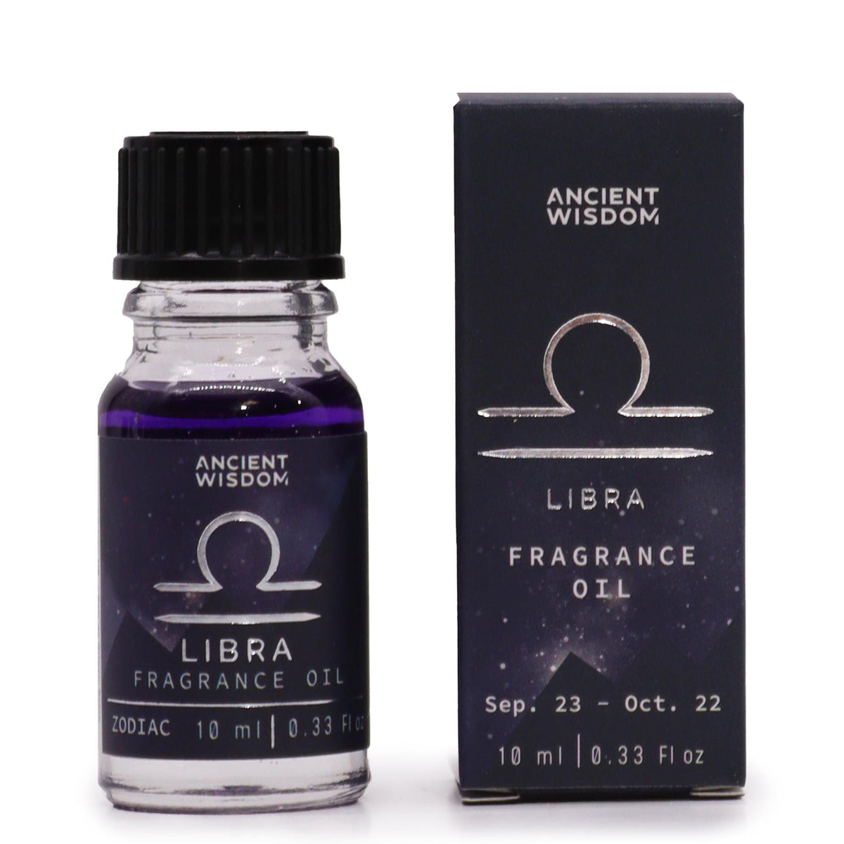 Libra zodiac fragrance oil bottle in dark purple glass next to its star-sign gift box