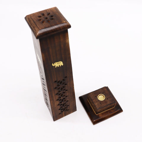 Tapered Incense Tower, Mango Wood, dark brown tower and separate square base shown at an angle