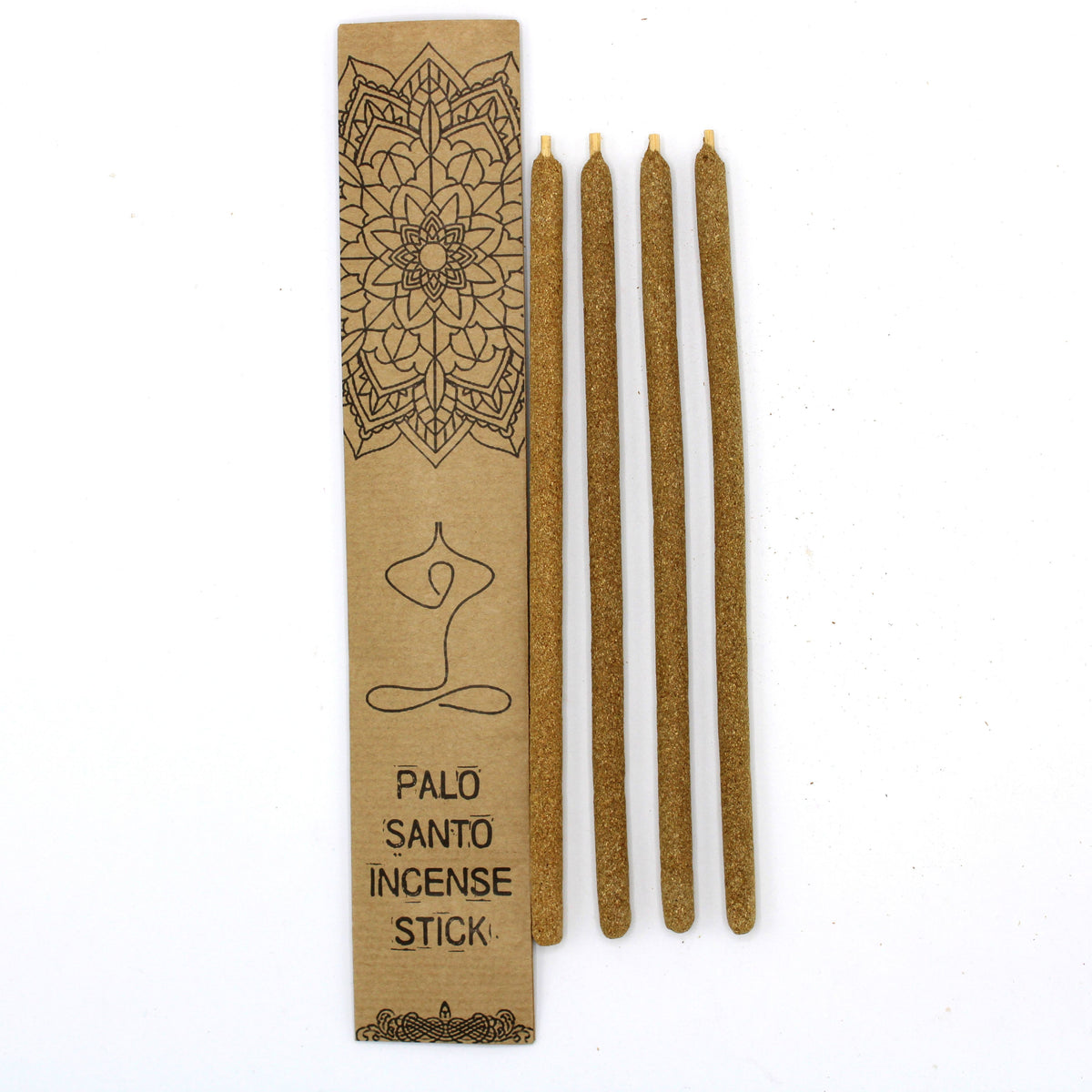 Palo Santo Large Incense Sticks, Classic, four brown sticks beside a decorated kraft paper sleeve