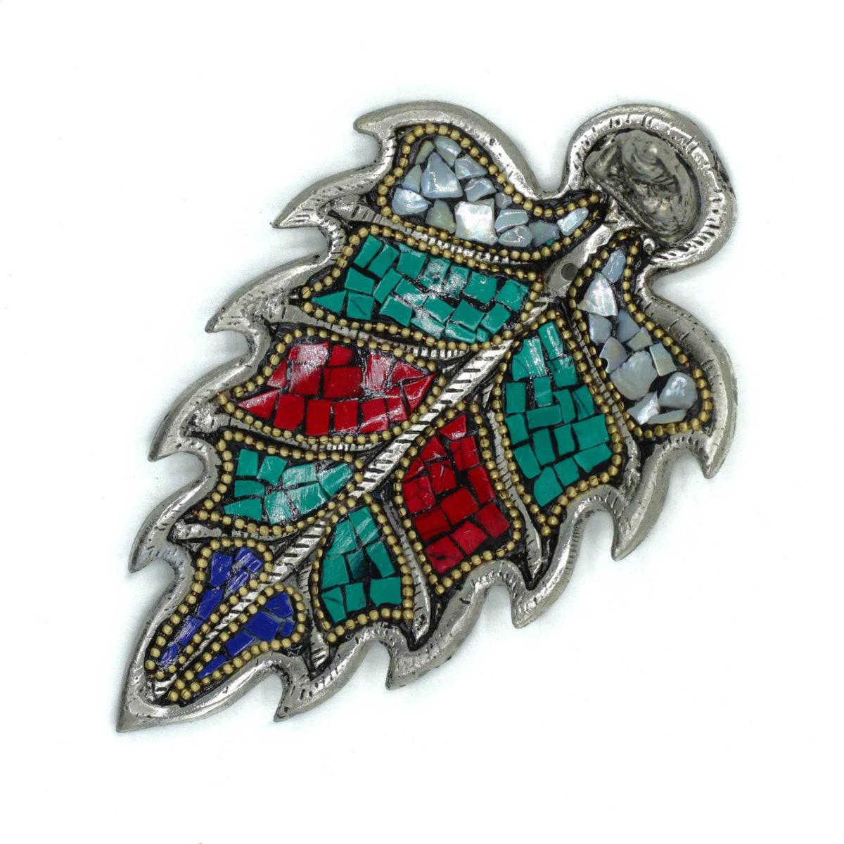 Buddha Leaf Tibetan Incense Holder with red, teal and blue sections, shown from above on white