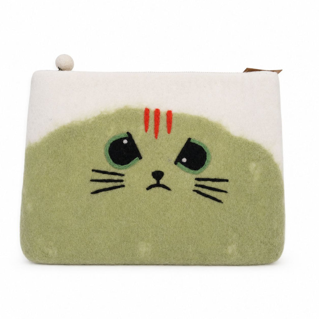 Unimpressed Cat felt laptop pouch with cream and muted-green cat face