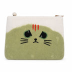 Unimpressed Cat felt laptop pouch with cream and muted-green cat face