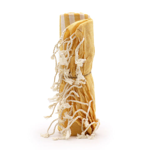 Cotton Pario Throw, 100x180 cm, Sunny Yellow, folded upright with cream tassels on a white background