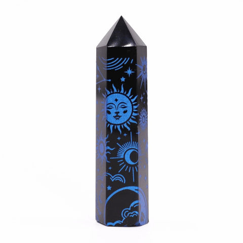 Black Obsidian Point, Mystic Story, Midnight Blue, upright front view with a blue sun and moon design