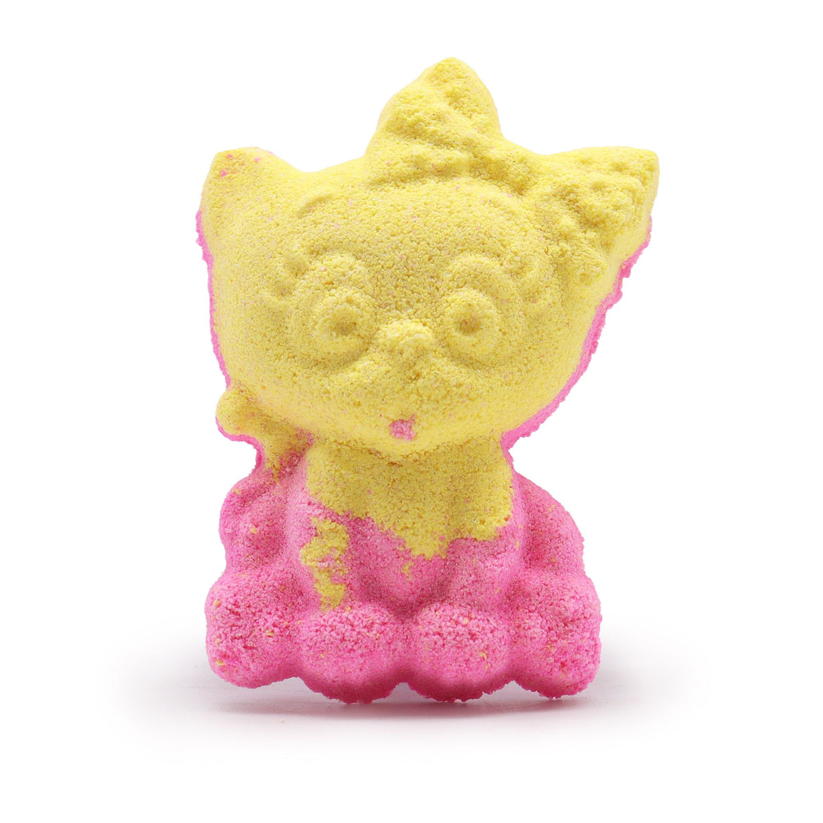 Yellow and pink cat-shaped bath bomb shown alone against a plain white background