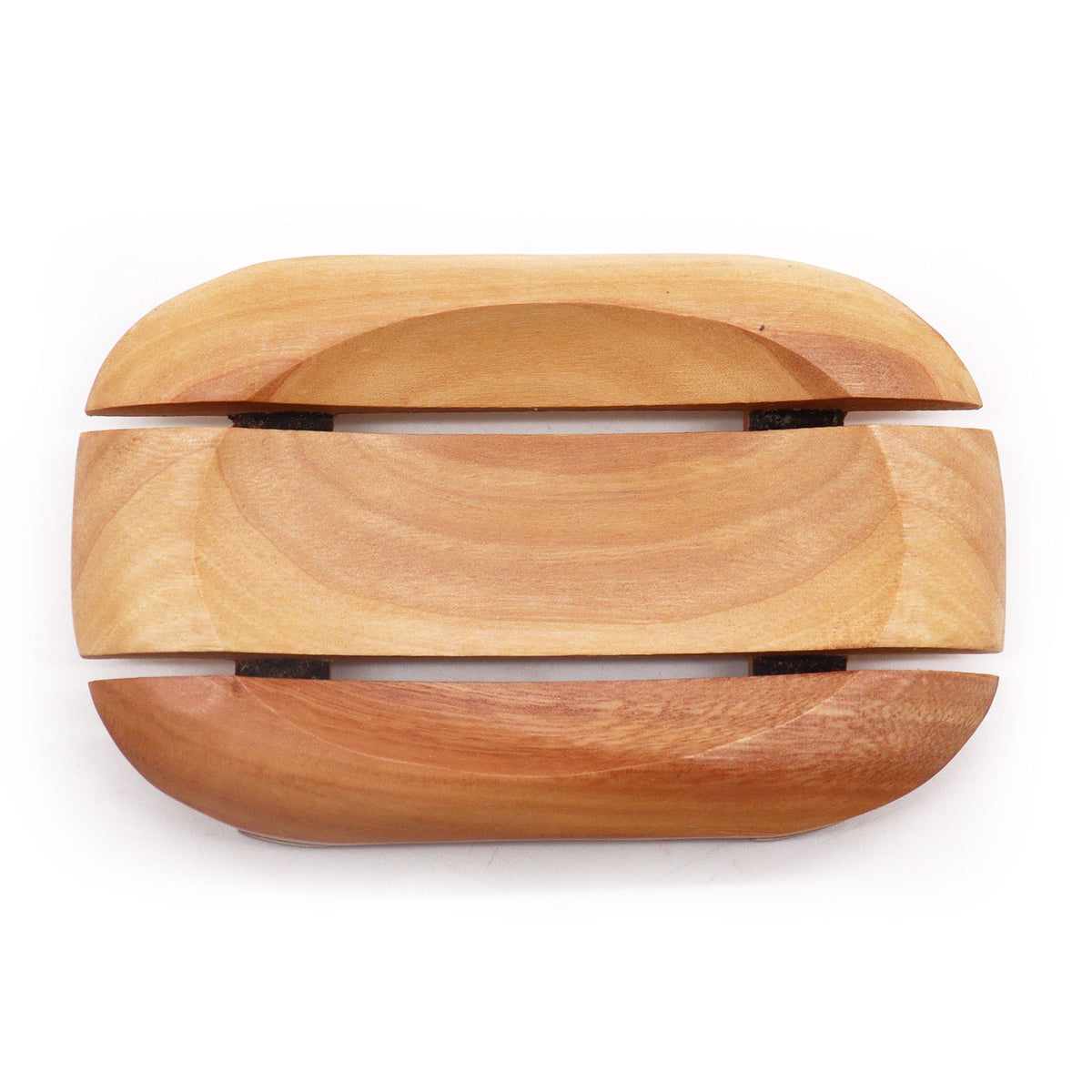 Classic Mahogany Soap Dish, Oval in Rectangle, viewed from above with its three sections separated